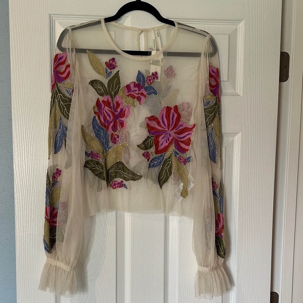 Anthropologie The Layla Long-Sleeve Appliqué Mesh Blouse Size Medium - Picture 5 of 12